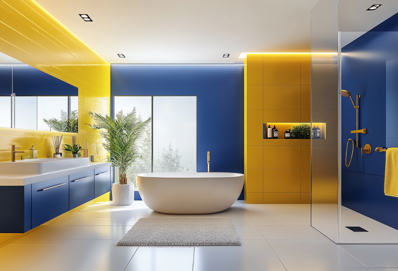 Salle de bain bleu et jaune